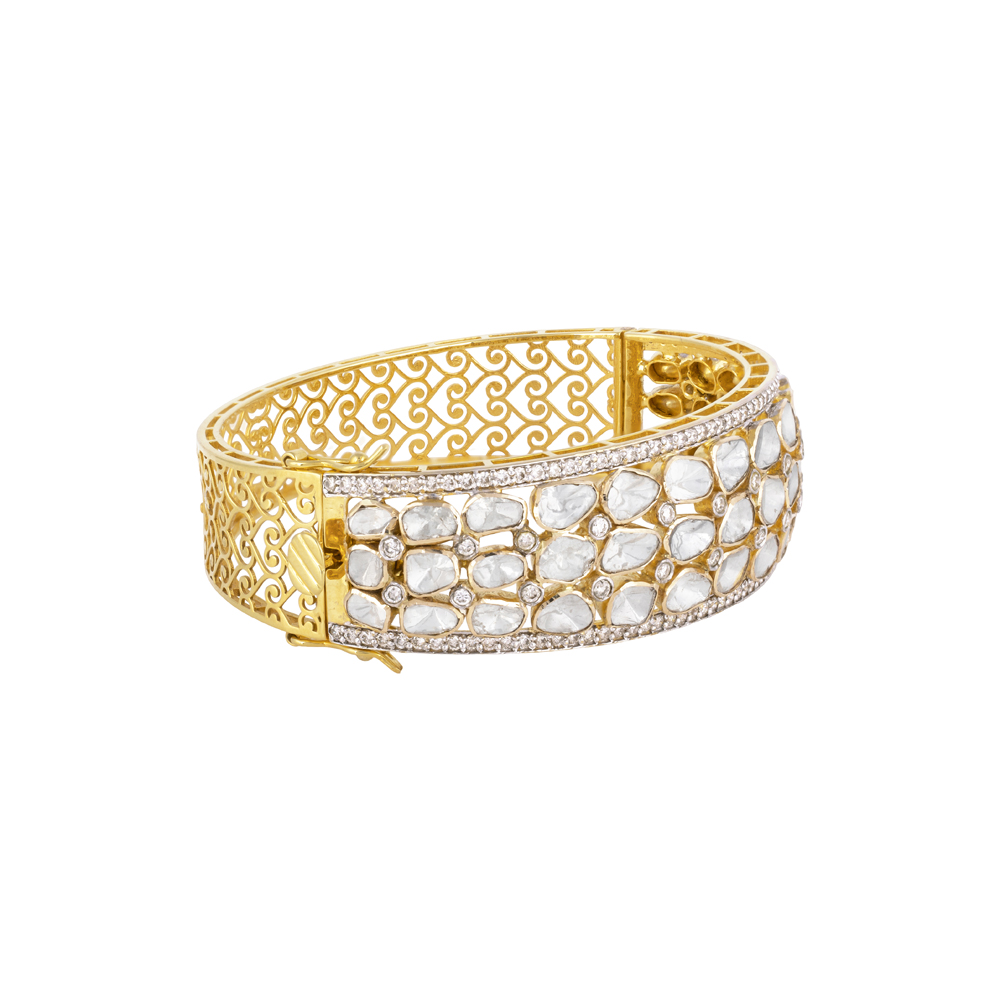 Lattice Open Polki Bangle with Pave Diamond Edges